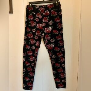 LULAROE Rose Floral Print Leggings PANTS Tall & Curvy, Stretch Knit, Black Pink